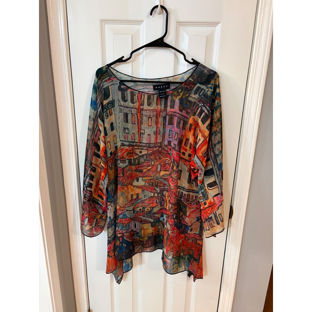 Weavz Tunic Top Womens OS Multicolor Cityscape Impressionist Art Sheer Mesh